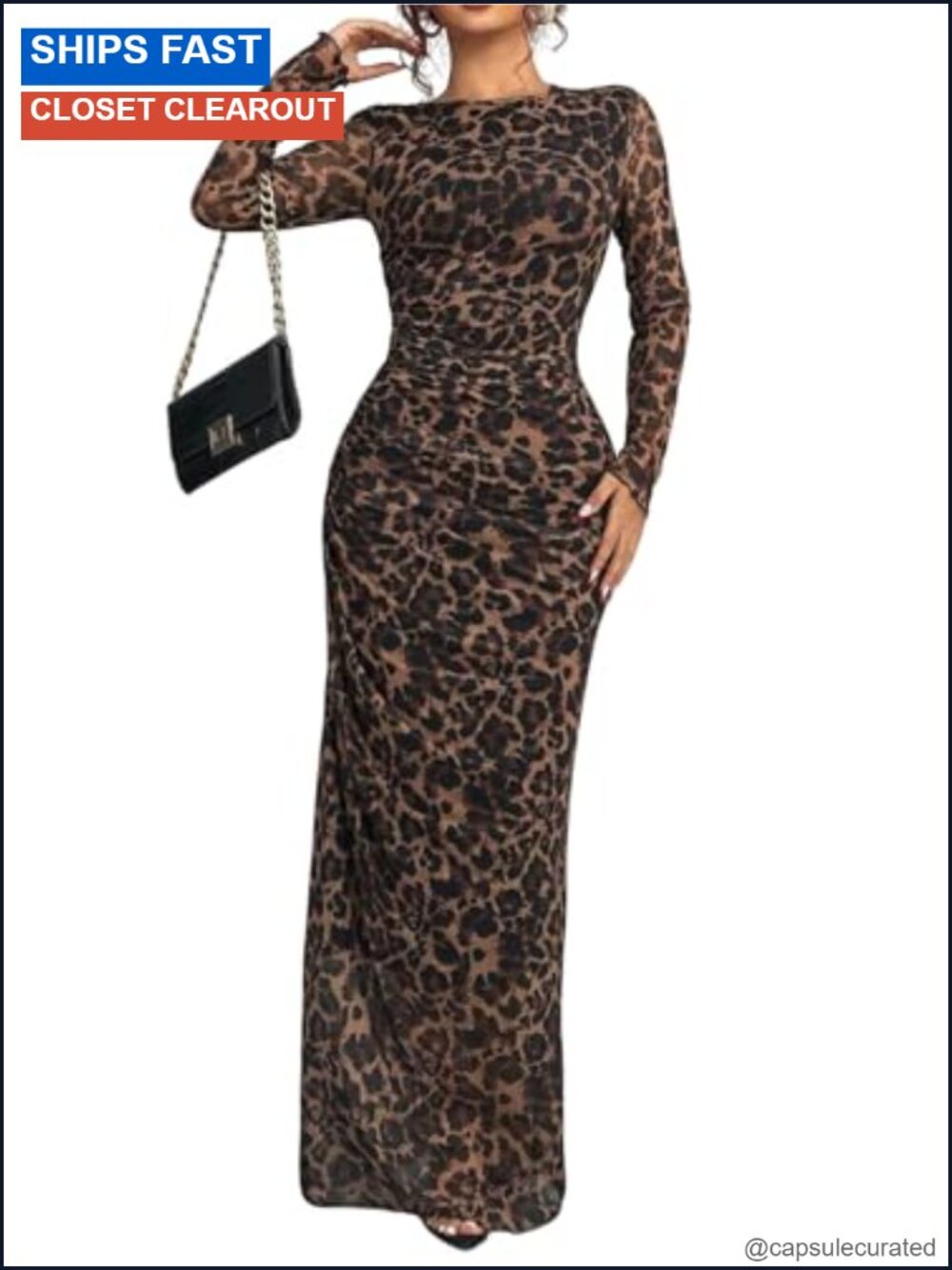Women's Long Sleeve Maxi Bodycon Dress Formal Ruched Mesh Sheer